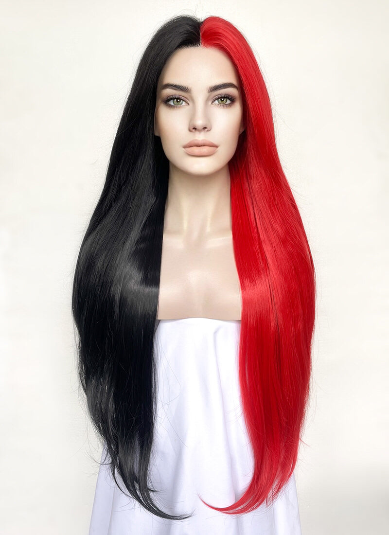 Black Red Split Color Straight Lace Front Synthetic Wig