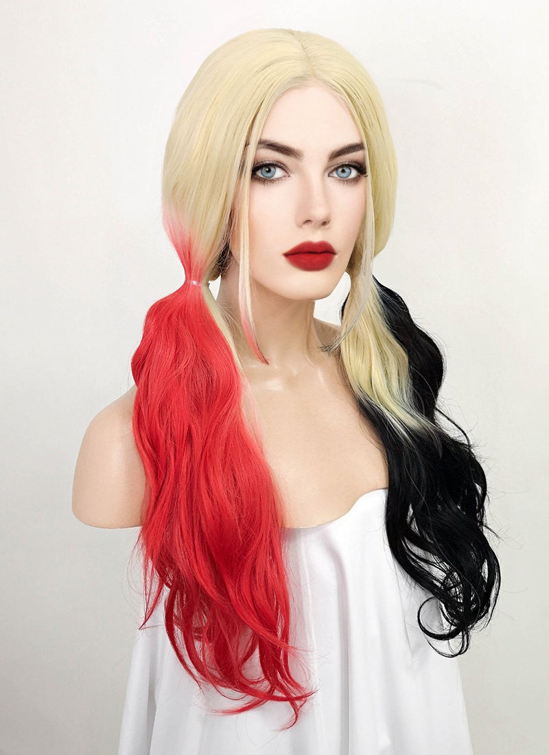 Blonde Harley Quinn Synthetic Red Black Ponytail Wavy Lace Front