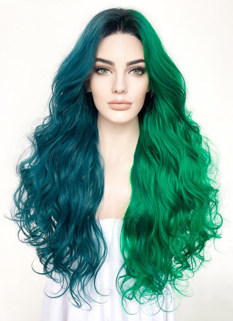 Blue Green Split Gemini Color With Dark Roots Lace Front Wig