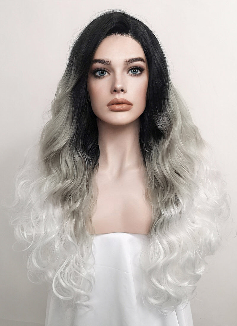 Wavy Black Grey White Ombre Lace Front Synthetic Wig LF781 Wig