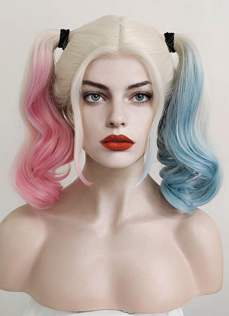 Harley Quinn Wig, Light Blond Ponytail Wig with blue and pink, pig tail wig, adjustable, suicide squad, cheapest cosplay, heat safe, white, curly