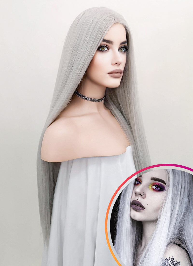 Straight Yaki Silver Grey Lace Front Synthetic Wig LF624N Wig Is