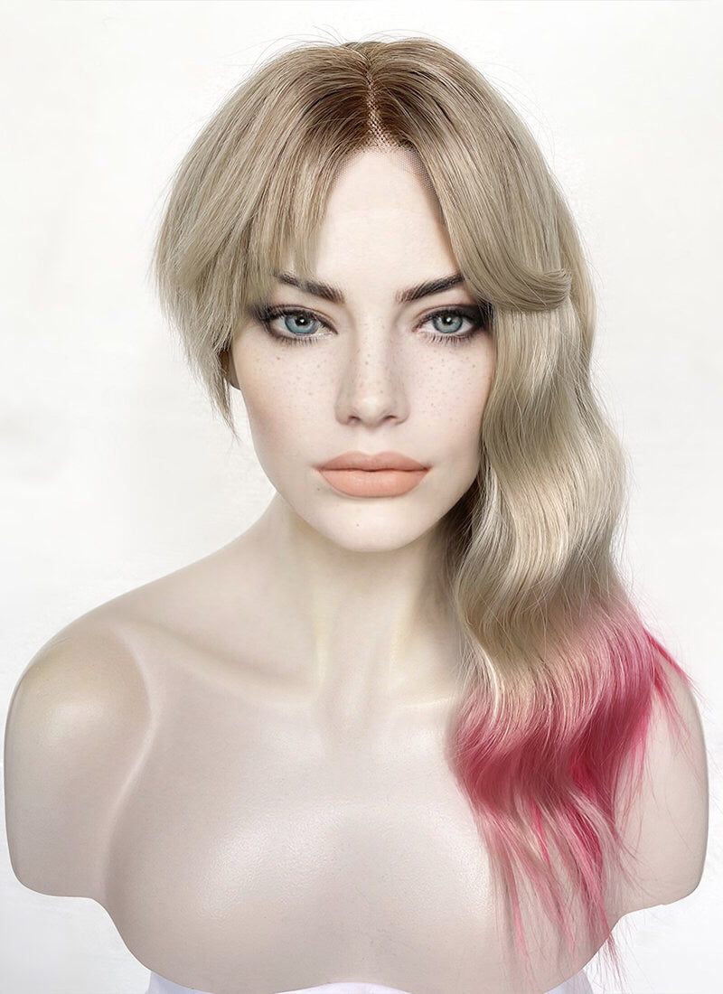 Blonde Pink Ombre With Dark Roots Wavy Lace Front Synthetic Wig