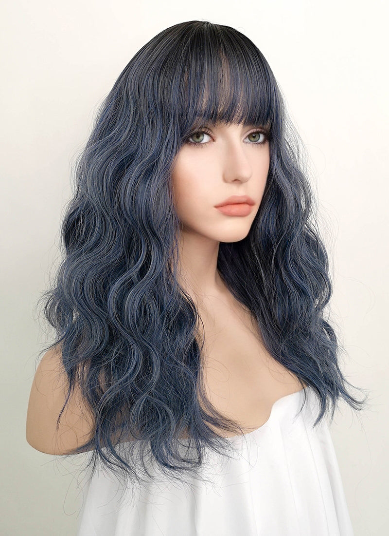 Dark Blue With Dark Roots Wavy Synthetic Wig NS054