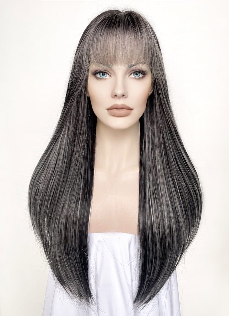 Black Mixed Grey Straight Synthetic Hair Wig NS442