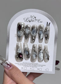 Hand-Painted Dark Metal Watercolor Coffin Reusable Press-On Nails NF008