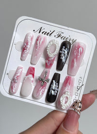 Pink & Dark Gothic Cross Coffin Reusable Press-On Nails NF013