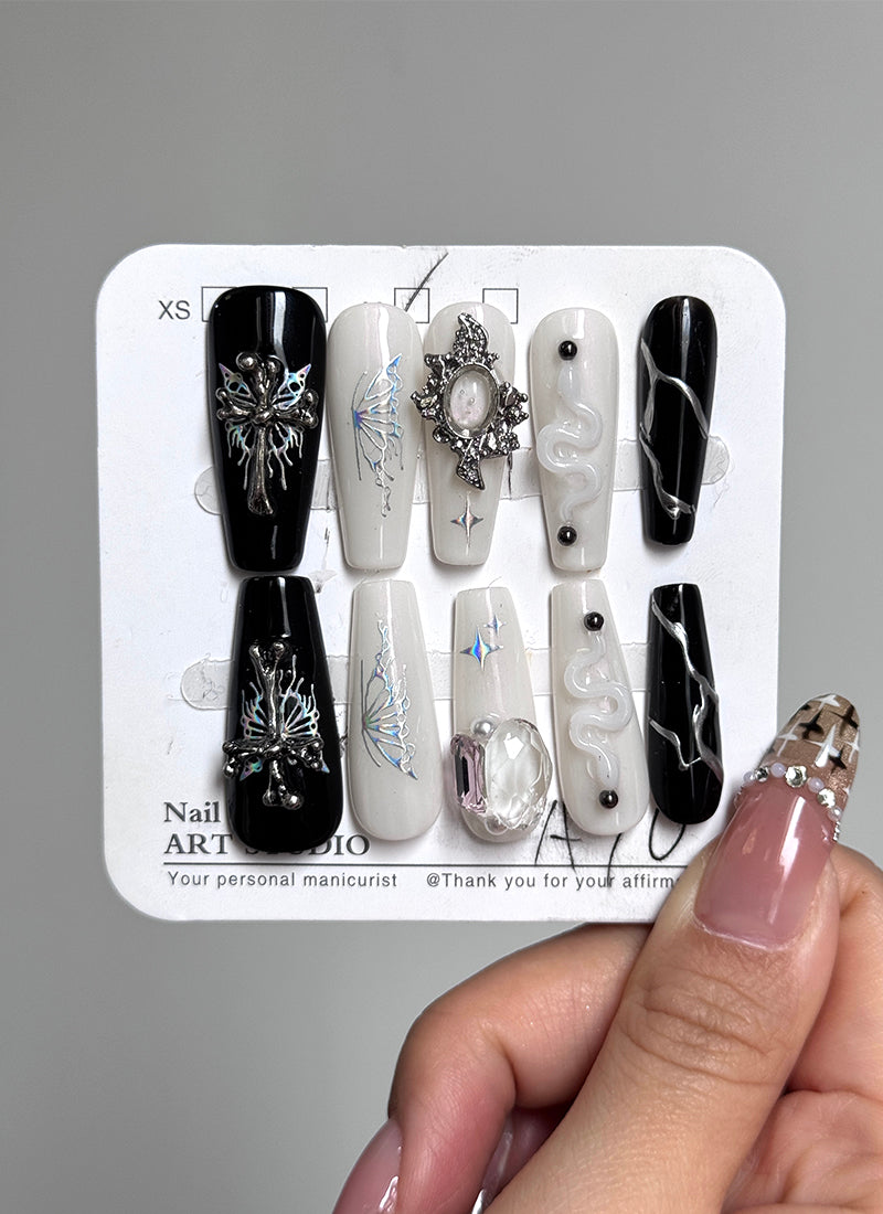 Serpent Butterfly and Diamonds A Radiant Interplay-Tone Coffin Reusable Press-On Nails NF016