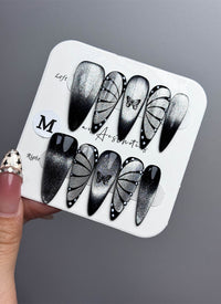 Black Butterfly Cat-Eye Y2K Dark Set Almond Handmade Press-On Nails NF028