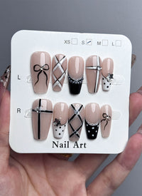 Elegant Lace and Bows-Tone Coffin Handmade Press-On Nails NF042