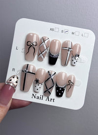 Elegant Lace and Bows-Tone Coffin Handmade Press-On Nails NF042