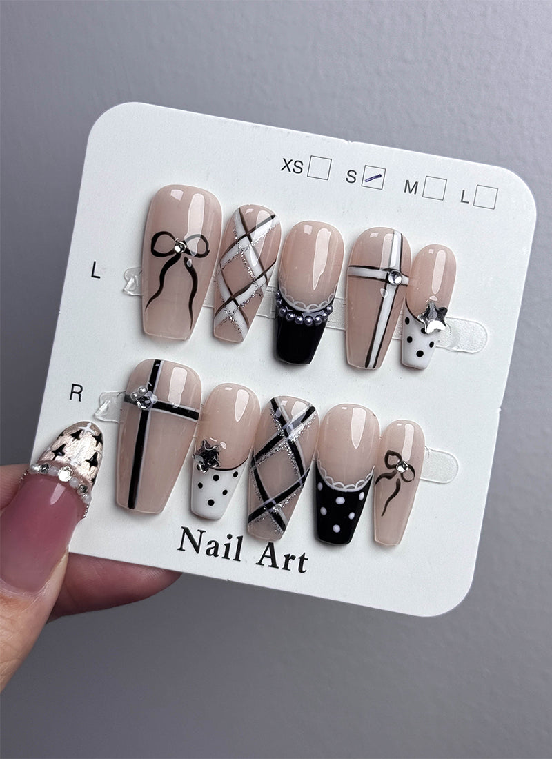 Elegant Lace and Bows-Tone Coffin Handmade Press-On Nails NF042