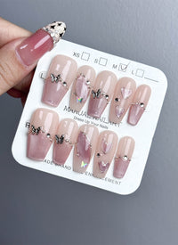 Soft Pink French Butterfly Cat-Eye Coffin Handmade Press-On Nails NF045