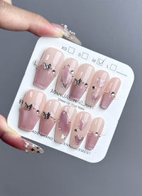 Soft Pink French Butterfly Cat-Eye Coffin Handmade Press-On Nails NF045