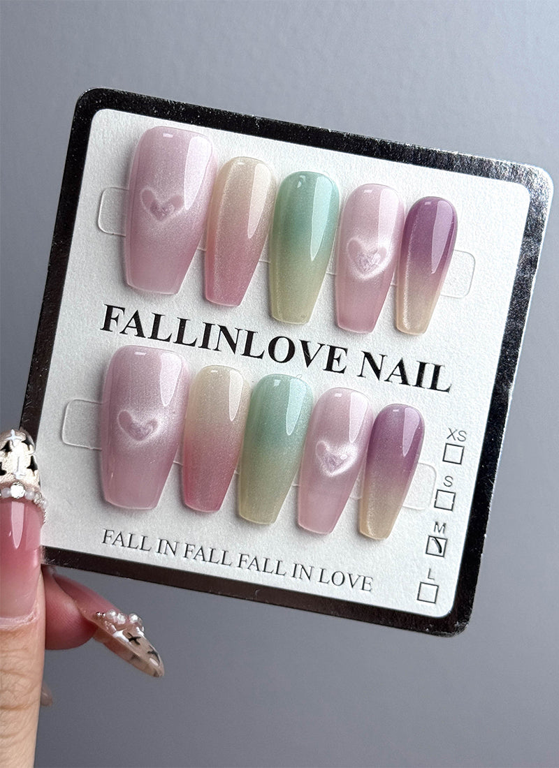 Colorful Shimmer & Dreamy Heart Cat-Eye Coffin Handmade Press-On Nails NF046