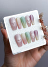 Colorful Shimmer & Dreamy Heart Cat-Eye Coffin Handmade Press-On Nails NF046