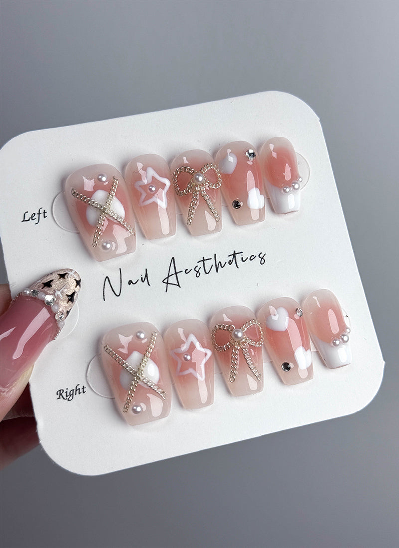 Ombre Pink with White Patterns & Chains Coffin Handmade Press-On Nails NF052