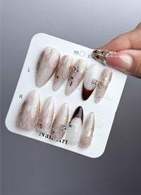 Russet & White Marbled Diamond-Embellished Almond Handmade Press-On Nails NF053