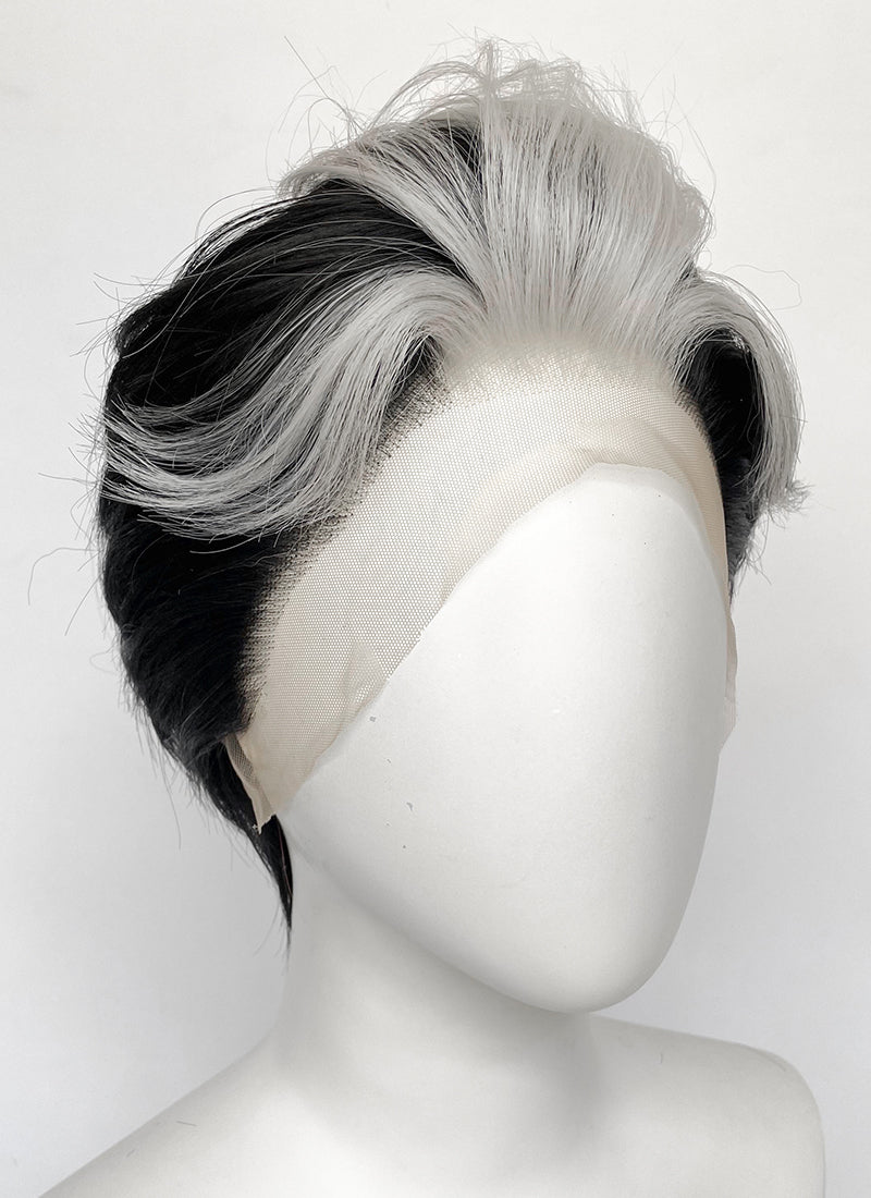 Helluva Boss Blitzo Buckzo Black And  Silver White Money Piece Straight Lace Front Synthetic Men's Wig LF6065