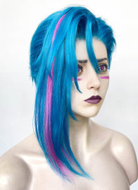 League of Legends LOL Arcane Jinx Turquoise Blue Mixed Pink Straight Lace Front Synthetic Wig LF6097