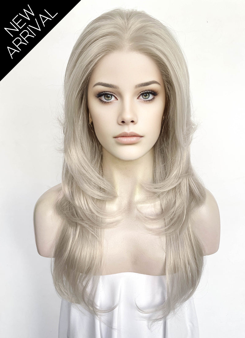 Pastel Blondish Grey Curtain Bangs Straight Lace Front Synthetic Wig LF8028