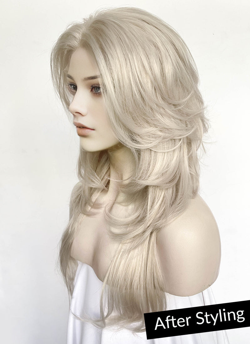 Pastel Blondish Grey Curtain Bangs Straight Lace Front Synthetic Wig LF8028