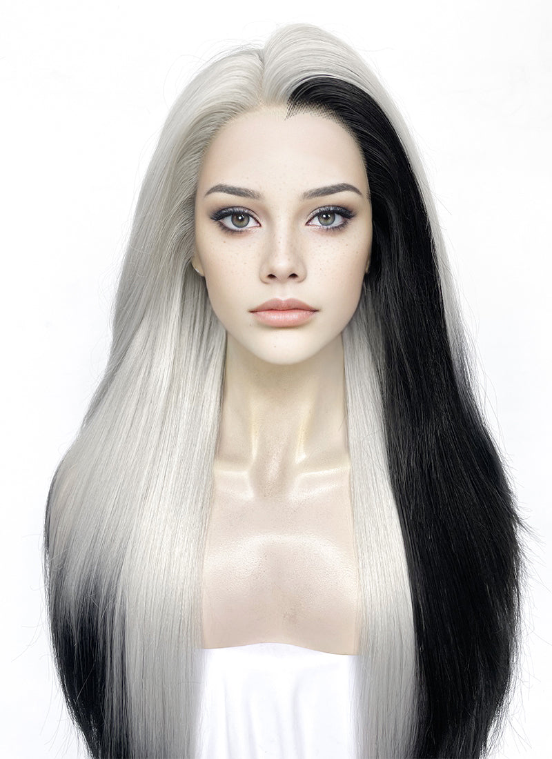 Grey Mixed Black Straight Lace Front Synthetic Wig LN6039