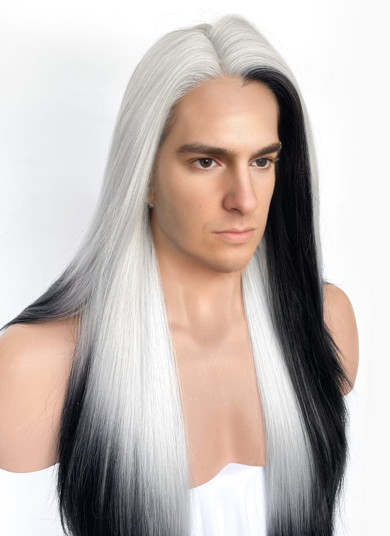 Grey Mixed Black Straight Lace Front Synthetic Wig LN6039