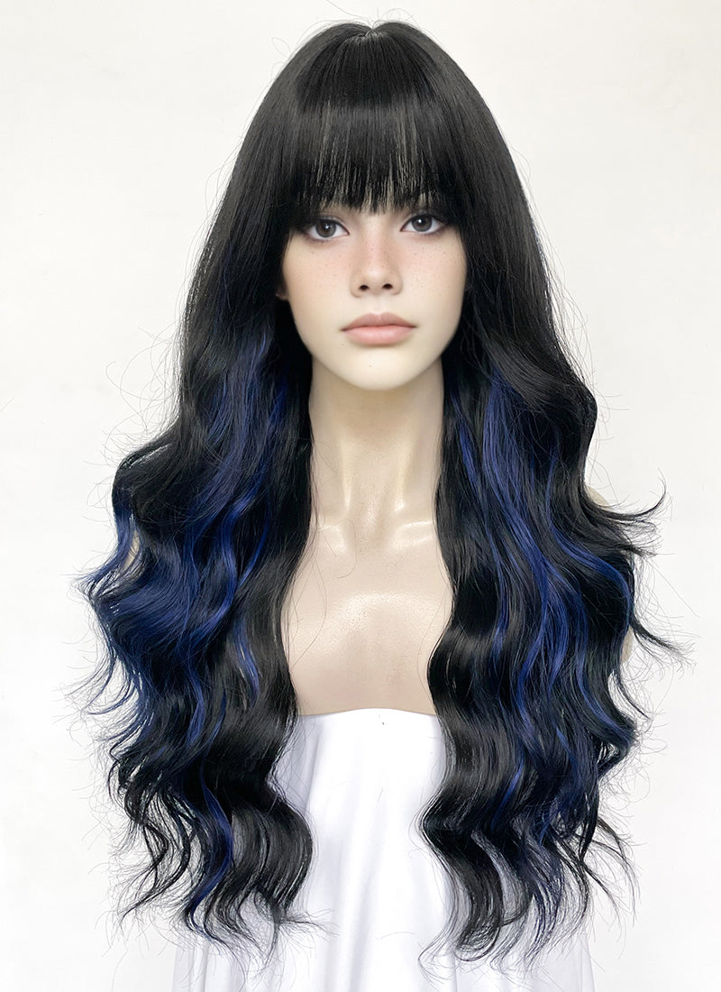 Blue Mixed Black Wavy Synthetic Hair Wig NS570