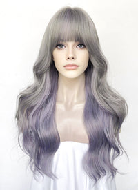 Pastel Grey Mixed Purple Wavy Synthetic Hair Wig NS571