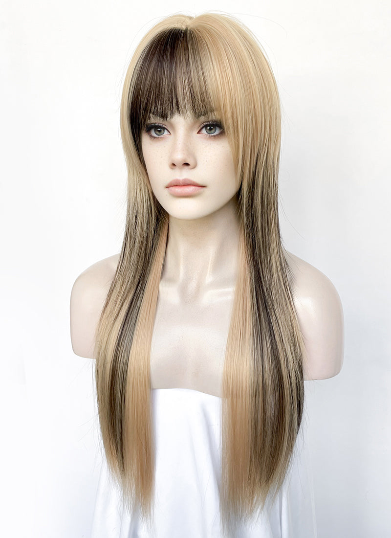 Medium Blonde Mixed Black Straight Synthetic Hair Wig NS588