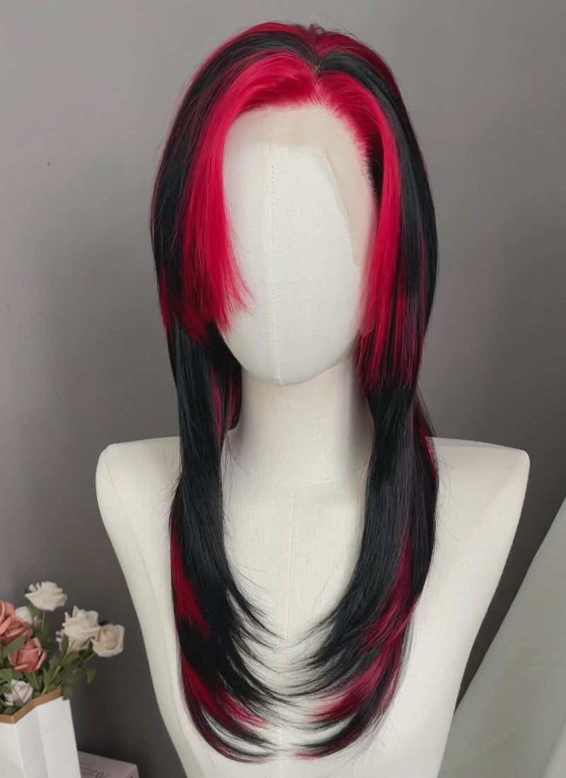 Black Mixed Red Straight Lace Front Synthetic Hair Wig LF8014