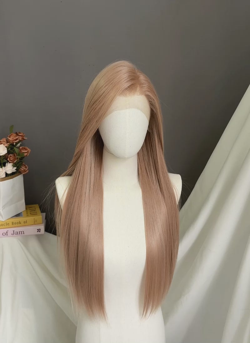 Pastel Peach Pink Straight Lace Front Kanekalon Synthetic Hair Wig LF3349