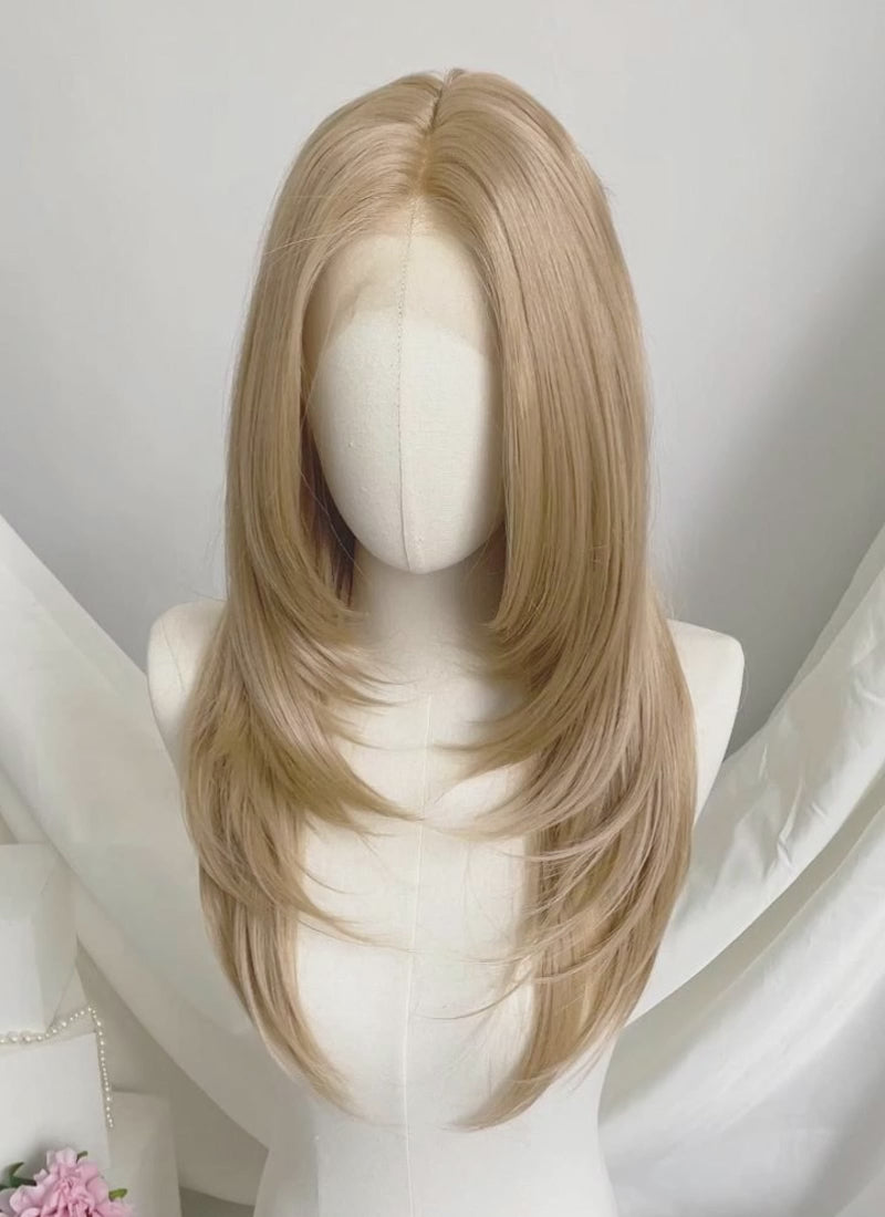 Blonde Curtain Bangs Straight Layered Hush Cut Lace Front Synthetic Hair Wig LF3332