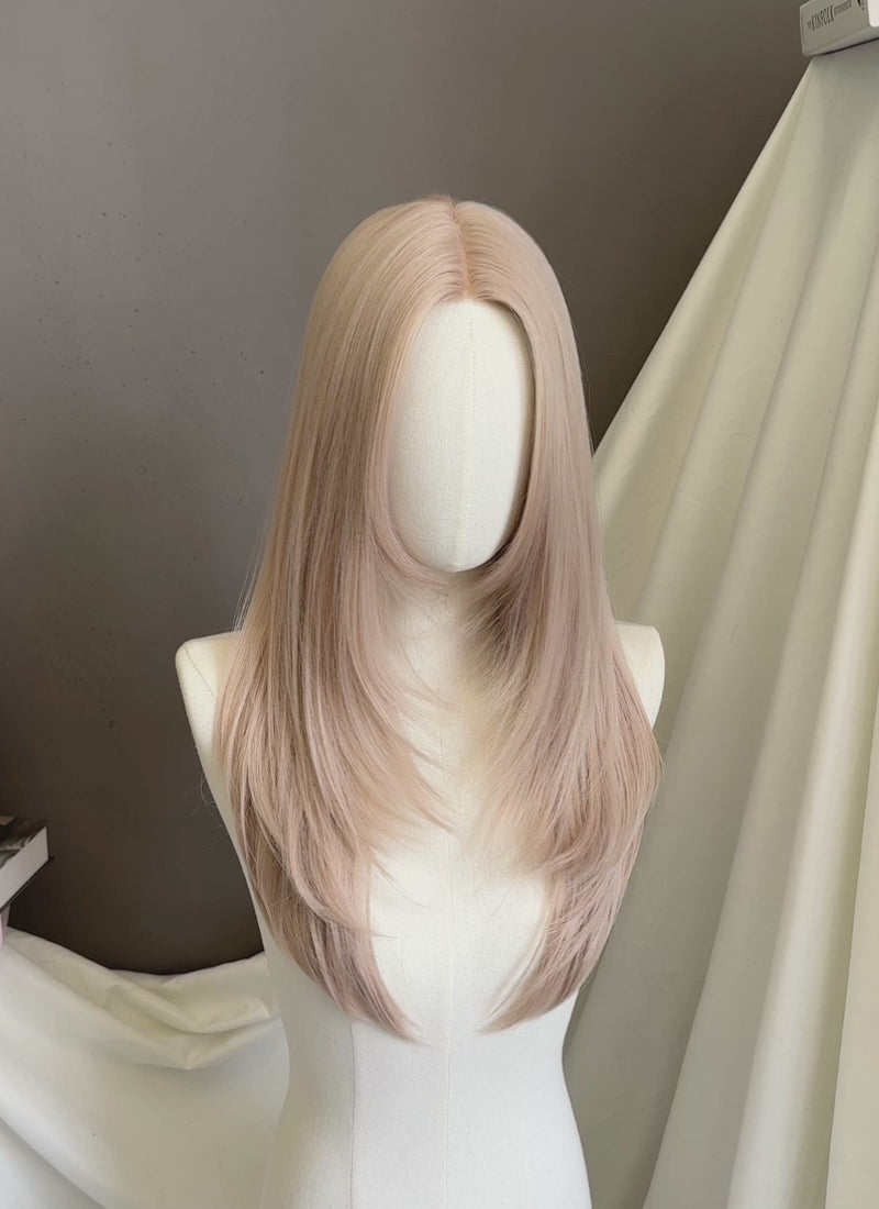 Pinkish Blonde Straight Layered Hush Cut Lace Front Synthetic Hair Wig LF3354