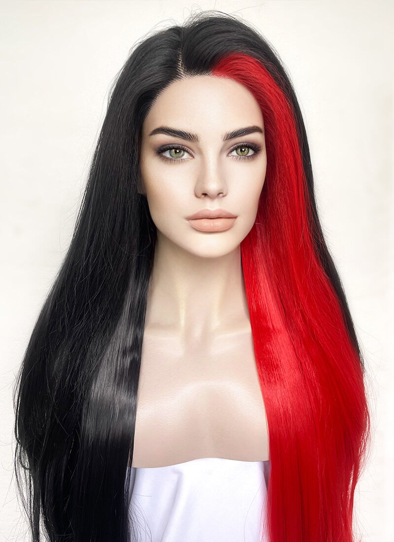 Black Red Split Color Straight Lace Front Synthetic Wig