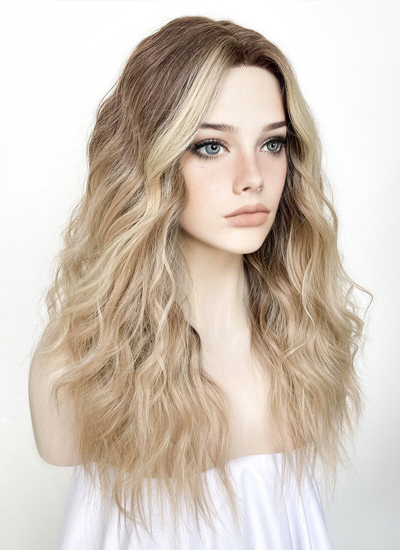 Balayage Blonde Highlights Money Piece Wavy Lace Front Kanekalon