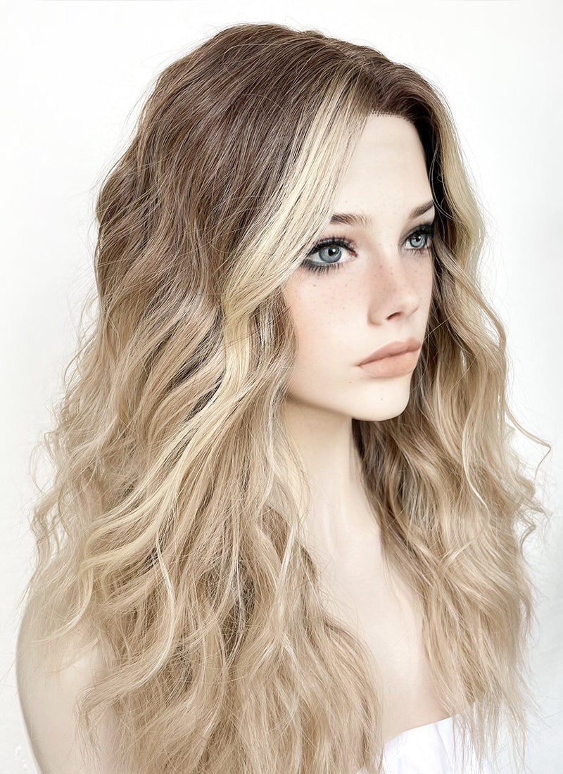 Balayage Blonde Highlights Money Piece Wavy Lace Front Kanekalon Synthetic Wig LF3233