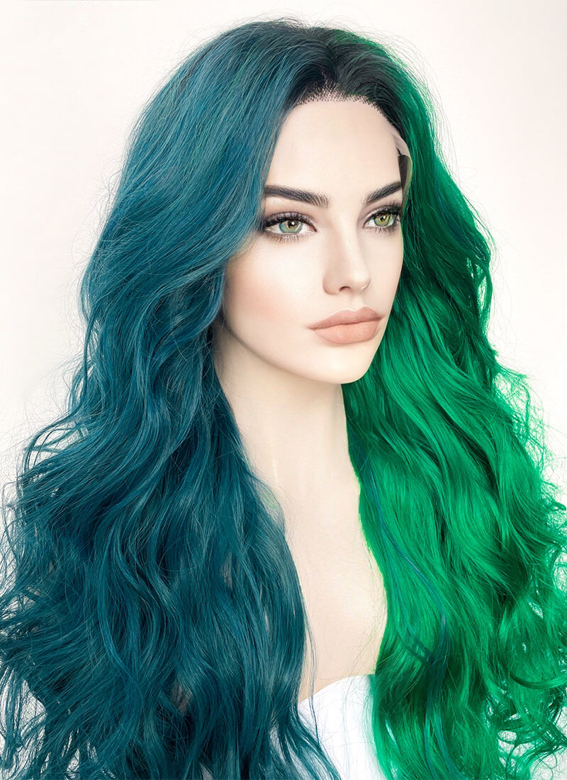 Blue Green Split Gemini Color With Dark Roots Lace Front Wig