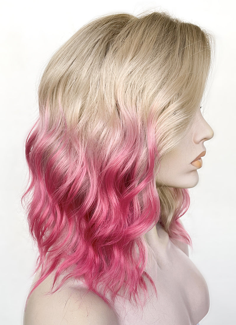 Blonde Mixed Pink With Dark Roots Wavy Lace Front Synthetic Hair Wig LFK5551