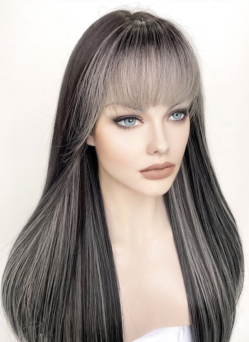 Black Mixed Grey Straight Synthetic Hair Wig NS442